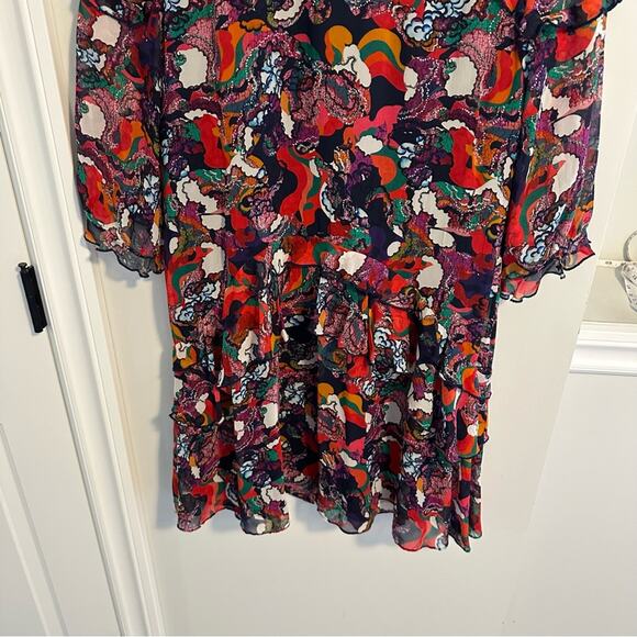 Saloni Red Blue Printed Silk Button Front Mini Dress 4 - Picture 8 of 16